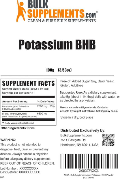 BulkSupplements.com Potassium BHB Powder - Beta-HydroxyButyrate Powder, BHB Salts, BHB Supplement - Electrolytes Supplement, Gluten Free, 9g per Serving, 100g (3.5 oz) (Pack of 1)