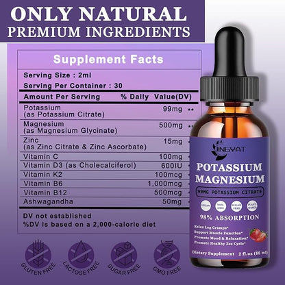 Potassium Magnesium Supplement Liquid Drops - Non-GMO & Gluten Free - High Absorption Magnesium Complex Potassium Citrate 99mg, Zinc, Vitamins C, D3, Complex B for Bone, Heart, Muscle & Nerve