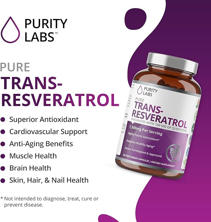 Purity Labs Pure Trans-Resveratrol Supplement + Quercetin 1500mg, Vegan Supplements for Heart, Skin Hair Nails, Anti Aging Antioxidant Supplement 90ct