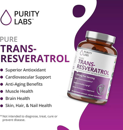 Purity Labs Pure Trans-Resveratrol Supplement + Quercetin 1500mg, Vegan Supplements for Heart, Skin Hair Nails, Anti Aging Antioxidant Supplement 90ct