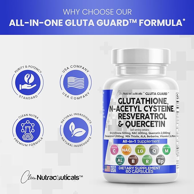 Clean Nutraceuticals Glutathione 500mg Supplement with Vitamin C N Acetyl Cysteine 600mg Berberine 1000mg Resveratrol Quercetin Alpha Lipoic Acid - Reduced L Glutathion Free Form Women 60 Ct USA Made