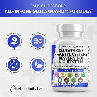 Clean Nutraceuticals Glutathione 500mg Supplement with Vitamin C N Acetyl Cysteine 600mg Berberine 1000mg Resveratrol Quercetin Alpha Lipoic Acid - Reduced L Glutathion Free Form Women 60 Ct USA Made