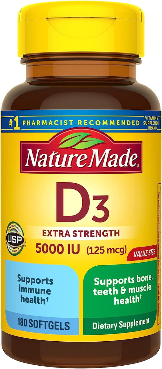 Nature Made Extra Strength Vitamin D3 5000 IU (125 mcg), Dietary Supplement for Bone, Teeth, Muscle and Immune Health Support, 180 Softgels, 180 Day Supply