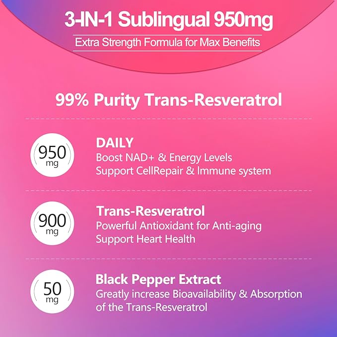 Sublingual 99% Ultra Purity 950mg Trans-Resveratrol, Resveratrol Supplement - Max Antioxidant for Anti-Aging, Skin & Heart Health Cell Repair Boost NAD+, Immune & Energy - 120 Lozenge(120-Days Supply)