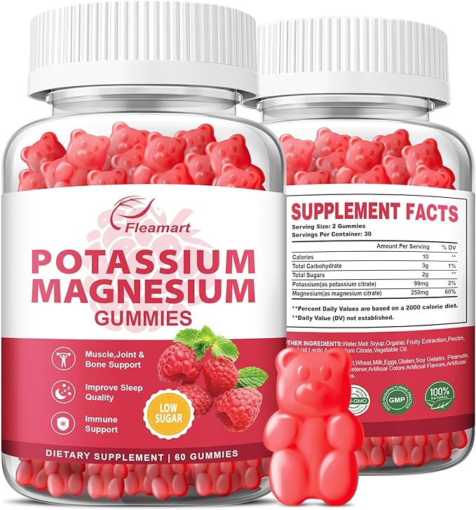 Potassium Magnesium Gummies Potassium Citrate 99mg Magnesium Citrate 250mg Magnesium Potassium Complex Supplement, Immune Support, Leg Cramps Muscle Health, 60 Raspberry Gummies