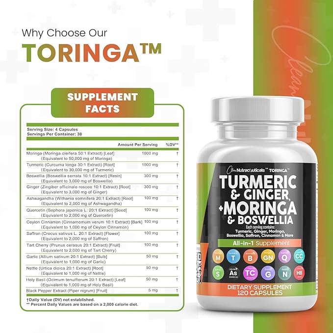 Turmeric Curcumin 30000mg Ginger 3000mg Moringa 50000mg Boswellia 3000mg Saffron 2000mg - Joint Support Supplement for Women and Men with Ceylon Cinnamon, Quercetin, Tart Cherry - 120 Caps