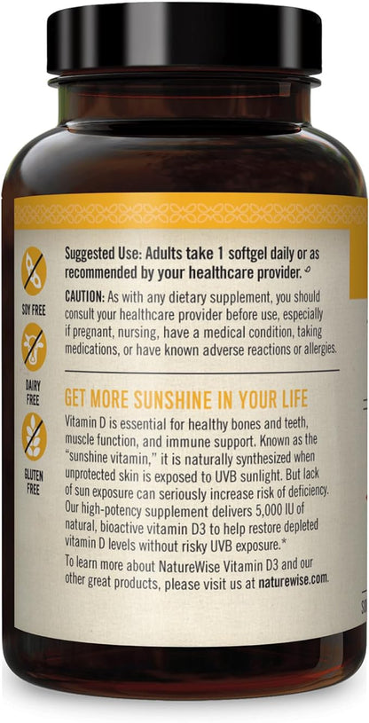 NatureWise Vitamin D3 5000iu (125 mcg) Healthy Muscle Function, and Immune Support, Non-GMO, Gluten Free in Cold-Pressed Olive Oil, Packaging Vary ( Mini Softgel), 90 Count