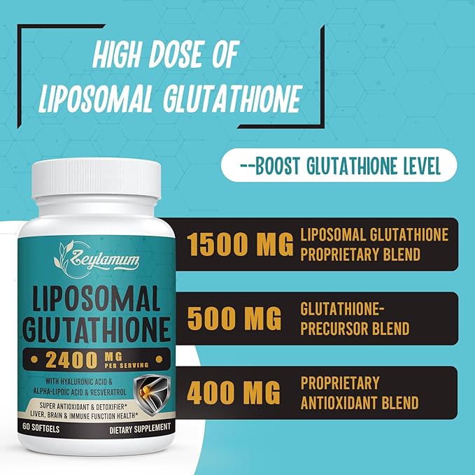 2400 MG Liposomal Glutathione Softgels, Max Absorption, Active Form L-Glutathione Reduced (GSH), with Hyaluronic Acid, Resveratrol, Master Antioxidants for Detox, Brain, Immune System, 360 Softgels