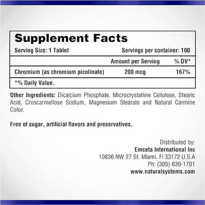 Chromium Picolinate 200 Mcg 100 Tablets by Natural Systems - Chromium Supplements for Active Lifestyle - Excellent Absorption Chromium Supplement - Non Sugar Chromium Capsules