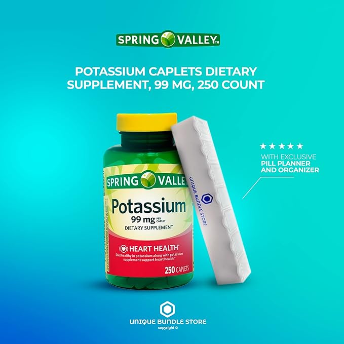 Spring Valley, Potassium Supplement, Caplets Dietary Supplement, 99 mg, 250 Count + 7 Day Pill Organizer Included