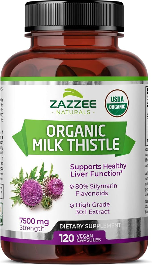 Zazzee USDA Organic Milk Thistle 30:1 Extract, 7500 mg Strength, 120 Vegan Capsules, 80% Silymarin Flavonoids, Standardized and Concentrated 30X Extract, 100% Vegetarian, All-Natural and Non-GMO