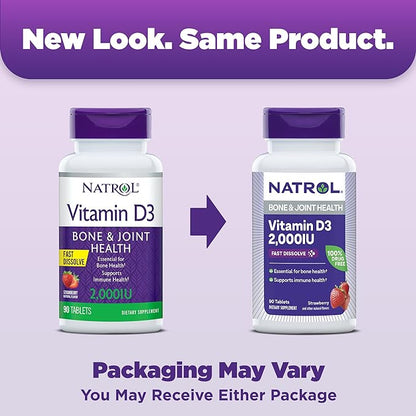 Natrol Fast Dissolve Vitamin D3 2,000 IU, Dietary Supplement for Bone and Joint Health, Bone Support Supplement, 90 Tablets, 90 Day Supply