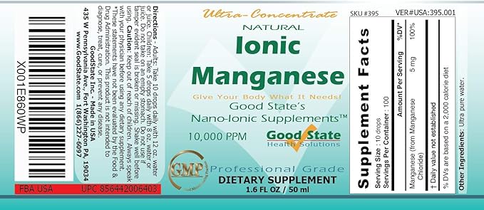 Good State | Natural Ionic Manganese | Liquid Concentrate | Nano Sized Mineral Technology | Professional Grade Dietary Supplement | 1.6 Fl oz Bottle (50 mL)