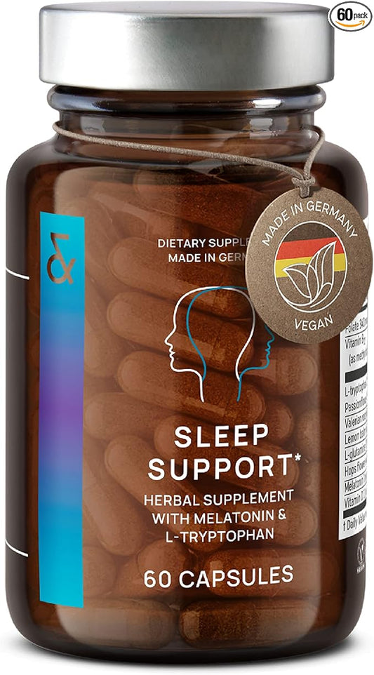 N°6 Natural Sleep Support with Melatonin 1 mg & L-Tryptophan - Passionflower, Valerian Root & More - Enhanced Sleep Supplement - 60 Capsules for Restful Nights