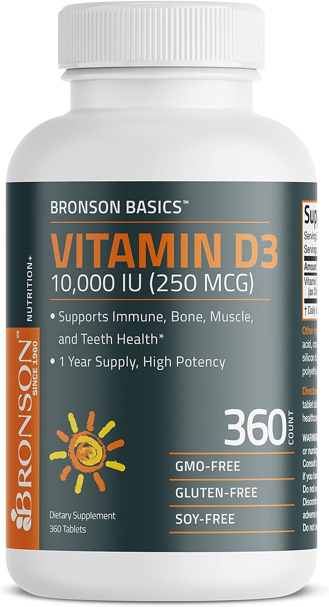 Bronson Vitamin D3 10,000 IU (250 MCG) 1 Year Supply for Healthy Muscle Function and Immune Support, Non-GMO, 360 Tablets