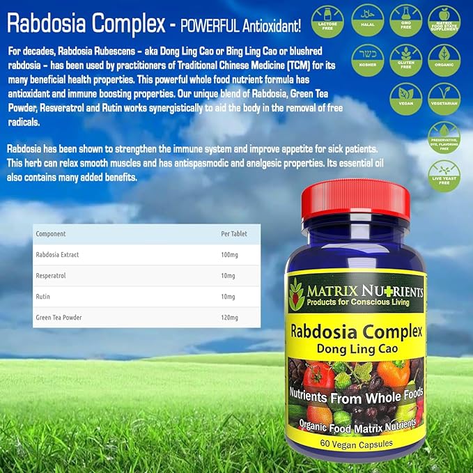 RABDOSIA Complex - Highly Potent Antioxidant for Maximum Cell Protection! - 100% Natural Ingredients: Rabdosia Extract, Green Tea, Resveratrol, Rutin - Vegan Capsules (60ct)