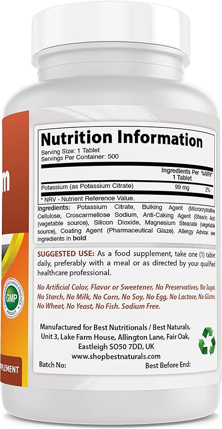 Best Naturals Potassium Citrate 99mg 500 Tablets - 3rd Party Lab Tested