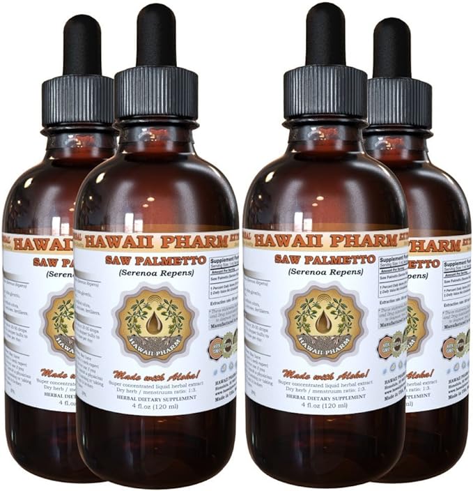 Hawaii Pharm Saw Palmetto Liquid Extract, Organic Saw Palmetto (Serenoa Repens) Tincture, Herbal Supplement, Made in USA, 4x4 fl.oz