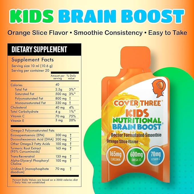 Cover Three Kids Brain Supplement Smoothie, Omega 3 Liquid Childrens DHA Fish Oil - Emotional, Physical Health - Focus and Attention, Heart, Vision Support, 20 Pouches (Orange) (3 Boxes)