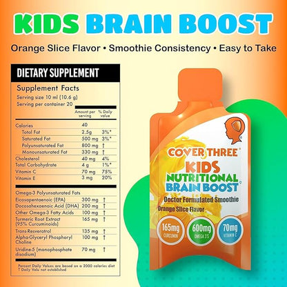 Cover Three Supplements for Kids Brain Supplement Smoothie, Omega 3 Liquid Childrens DHA Fish Oil, Health Kids Focus and Attention, Emotional Support, 20 Pouches, Pack 6