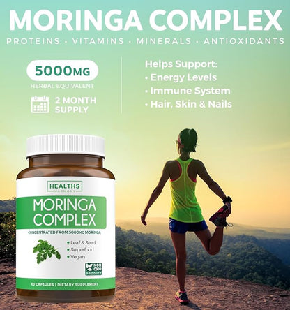 Moringa Capsules (2 Month Supply) High Strength 5,000mg Equivalent - Advanced Blend of Whole Herb Powder With 20:1 Seed and 10:1 Leaf Extract - Non-GMO Vegetarian Supplement - 60 Caps (No Oil or Tea)