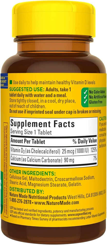 Nature Made Vitamin D3, 100 Tablets, Vitamin D 1000 IU (25 mcg) Helps Support Immune Health, Strong Bones and Teeth, & Muscle Function, 125% of the Daily Value for Vitamin D in One Daily Tablet