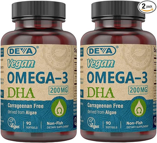 DEVA Vegan Omega-3 DHA Supplement, Once-Per-Day Softgel 200 MG, Carrageenan Free, Gelatin Free, Non-Fish, Algae Oil, Omega-3 Fatty Acids - 90 Softgels (Pack of 2)