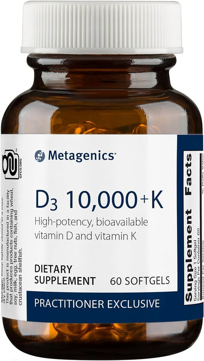 Metagenics D3 10,000 + K - for Immune Support, Bone Health & Heart Health* - Vitamin D with MK-7 (Vitamin K2) - Non-GMO - Gluten-Free - 60 Softgels