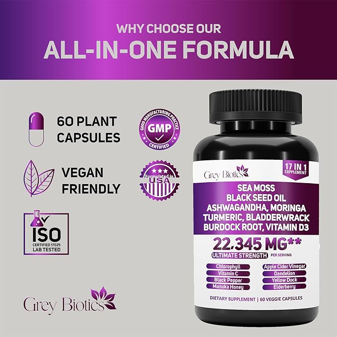 Sea Moss 6000mg, Black Seed Oil 4000mg, Turmeric 4000mg,Ashwagandha 2000mg, Burdock 2000mg, Bladderwrack 2000mg - Enhanced with Moringa 2000mg, Black Pepper, Vitamin C, Vitamin D3-60 Capsules