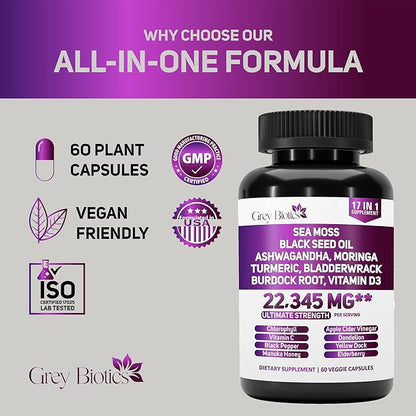 Sea Moss 6000mg, Black Seed Oil 4000mg, Turmeric 4000mg,Ashwagandha 2000mg, Burdock 2000mg, Bladderwrack 2000mg - Enhanced with Moringa 2000mg, Black Pepper, Vitamin C, Vitamin D3-60 Capsules