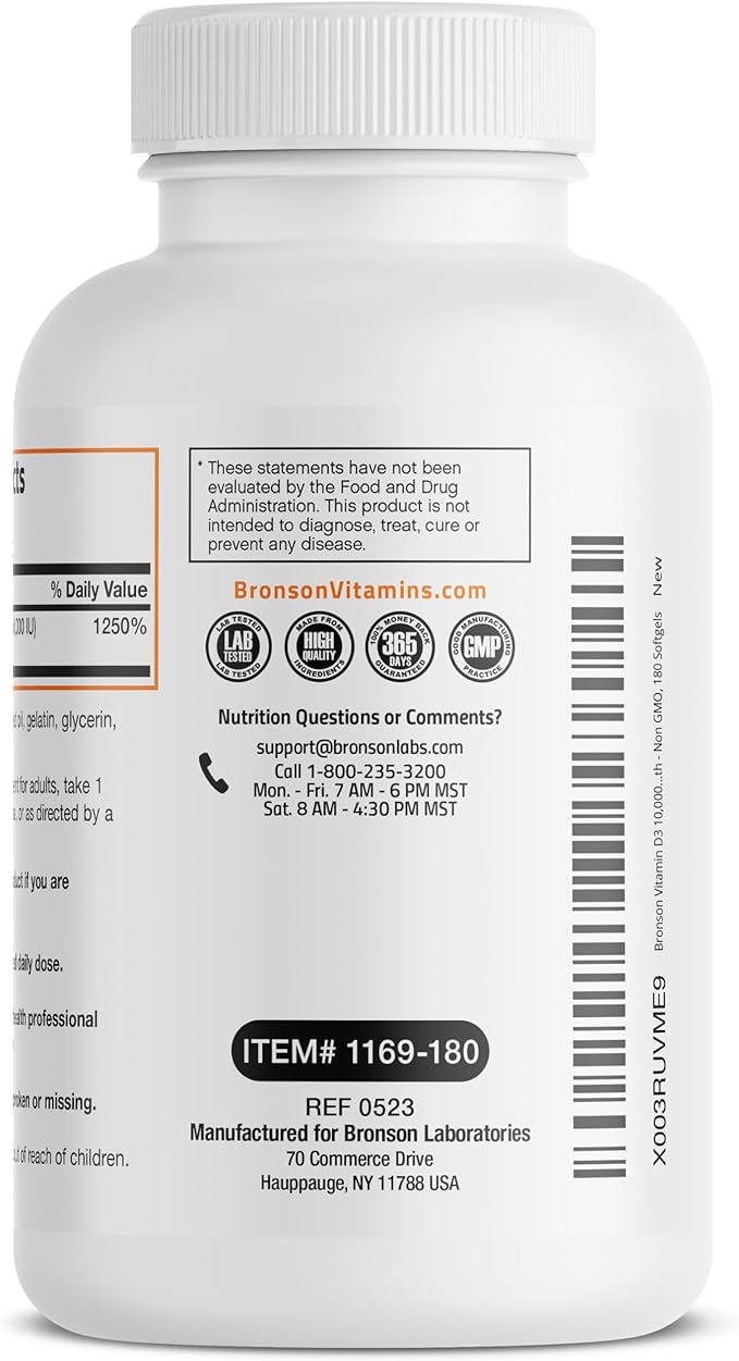 Bronson Vitamin D3 10,000 IU (250 mcg) High Potency - Supports Healthy Immune System, Strong Bones, Muscles & Teeth - Non GMO, 180 Softgels