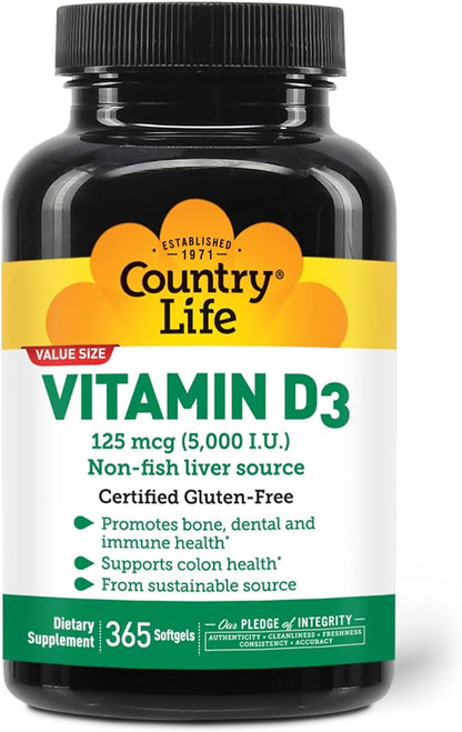 Country Life Vitamin D3, Non-Fish 5000 IU, 365 Softgels, Certified Gluten Free