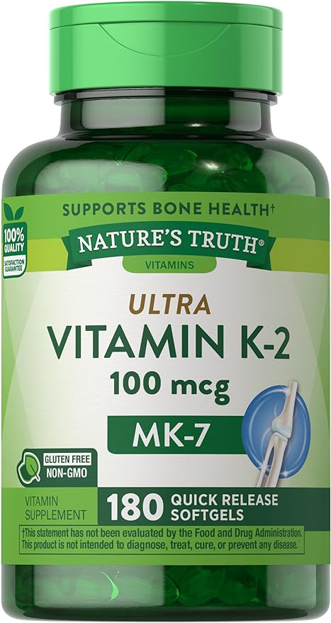 Nature's Truth Vitamin K2 MK7 Complex | 100 mcg | 180 Softgels | Non-GMO & Gluten Free Supplement