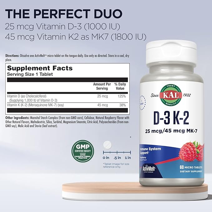 Kal 1000 Iu D-3 & K2 Tablets, Raspberry, 60 Count (Pack of 1)