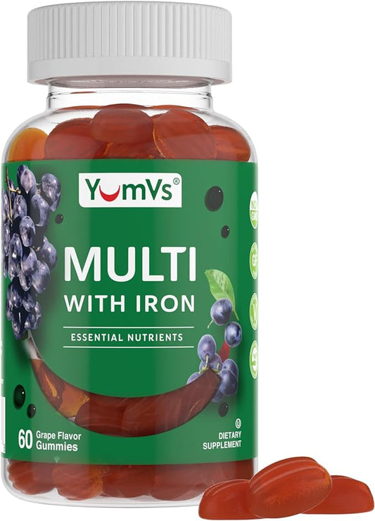 YumVs Multivitamin Gummies with Iron - Grape Flavor - Vegetarian Kosher Multi Vitamins for Adults with Vitamin A C B6 B12 Biotin Zinc - No Calcium - Mens/Womens Multivitamin with Iron Gummy (60 Count)