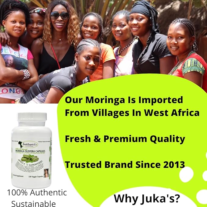 Juka's Organic Co. Moringa Powder Capsules (100% Authentic, Organic, Non GMO, Zero Additives. Rich in Antioxidants & Amino Acids, Indigenous to Africa) Vegan Capsules 120-500mg