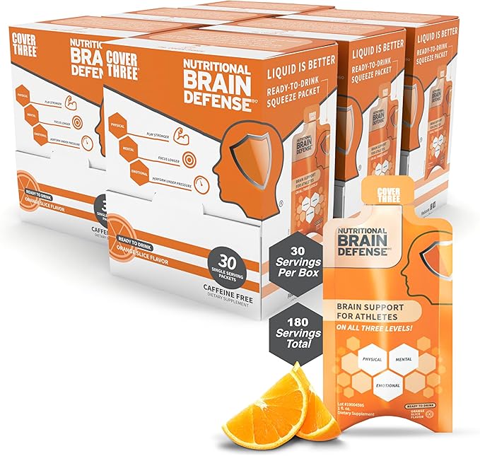 Cover Three Nootropic Brain Supplement for Athletes & Active Adults - Assist Focus, Memory, Clarity, Recovery - Trans Resveratrol, Omega 3 DHA EPA, Uridine, Alpha GPC - Orange Flavor 30 Count (6)