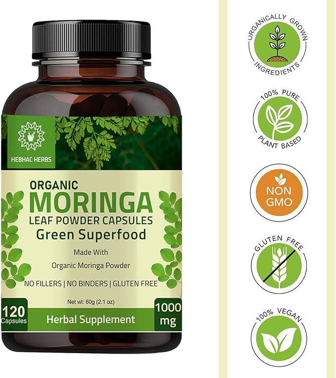 Organic Moringa Capsules 120 Capsules 1000mg – Organic Moringa Oleifera Leaf Powder Capsules Leaf Energy, Metabolism, & Immune Support Nutrient-Rich superfood | Non GMO and Gluten Free