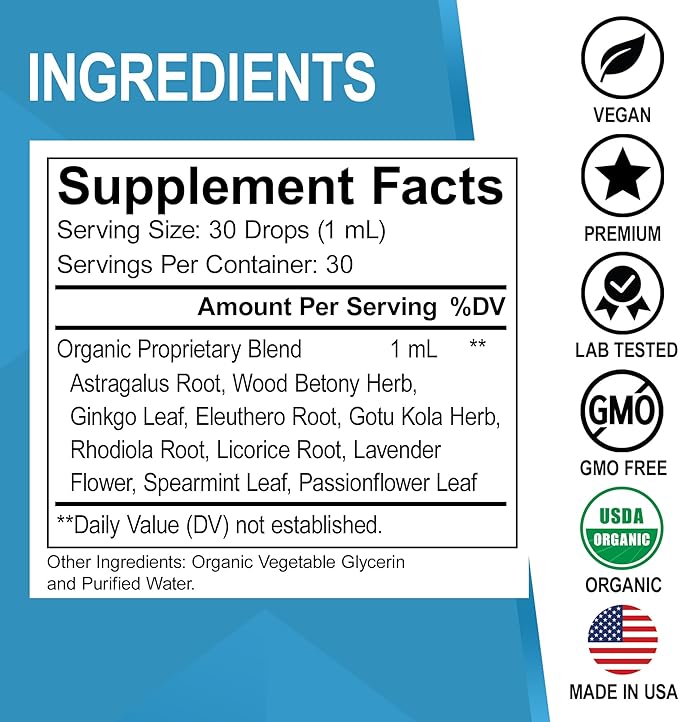 Adrenal Support Supplements Liquid Drops - Organic Adrenal and Focus Supplement, Cortisol Manager Adaptogen Adults, Ginkgo Biloba for Kids Calm - Natural Brain and Memory Fatigue Stress Attention 1oz