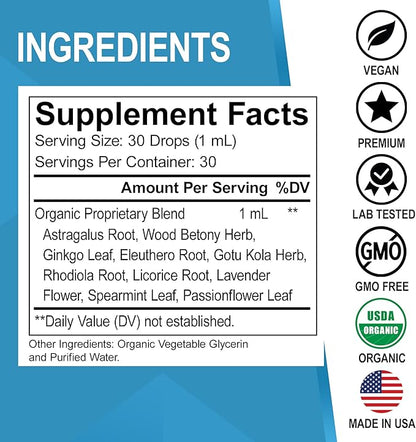 Adrenal Support Supplements Liquid Drops - Organic Adrenal and Focus Supplement, Cortisol Manager Adaptogen Adults, Ginkgo Biloba for Kids Calm - Natural Brain and Memory Fatigue Stress Attention 1oz