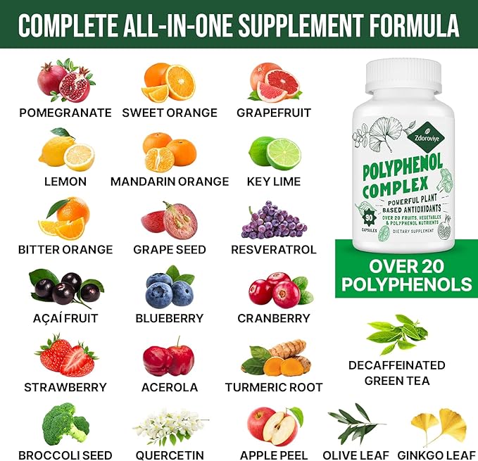 2250 MG Polyphenols Supplement Over 20 Fruits, Vegetables & Polyphenols, Quercetin, Resveratrol, Turmeric, Green Tea, Powerful Antioxidants, Polyphenols for Age Defense, Immune System, 180 Capsules