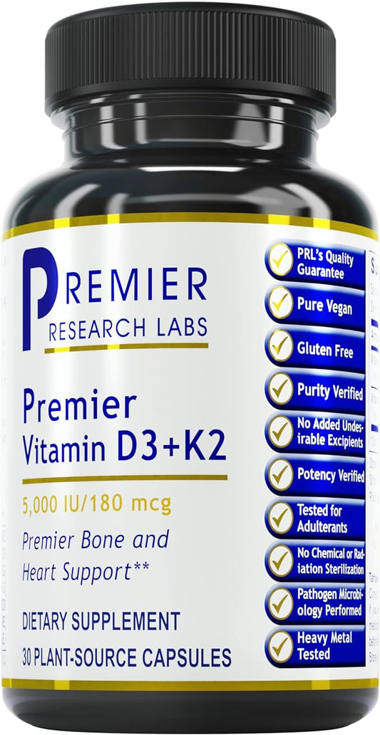 Premier Research Labs: Vitamin D3 + K2 Supplements | for Bone Support and Promotes Heart Health, Gluten-Free - 5000 IU Vegan Supplements - Tested Quality | 30 Plant-Source Based Capsules