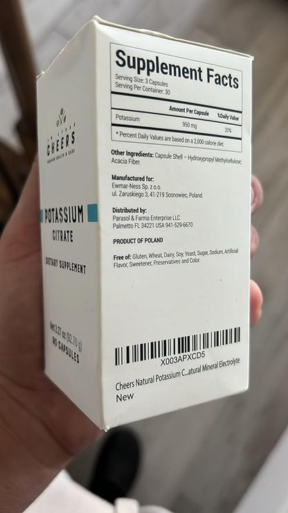 Cheers Potassium Citrate, 20% Daily Value, 316 mg per Capsule, 90 Capsules, Vegan Potassium Supplement for Adults, Natural Mineral Electrolyte