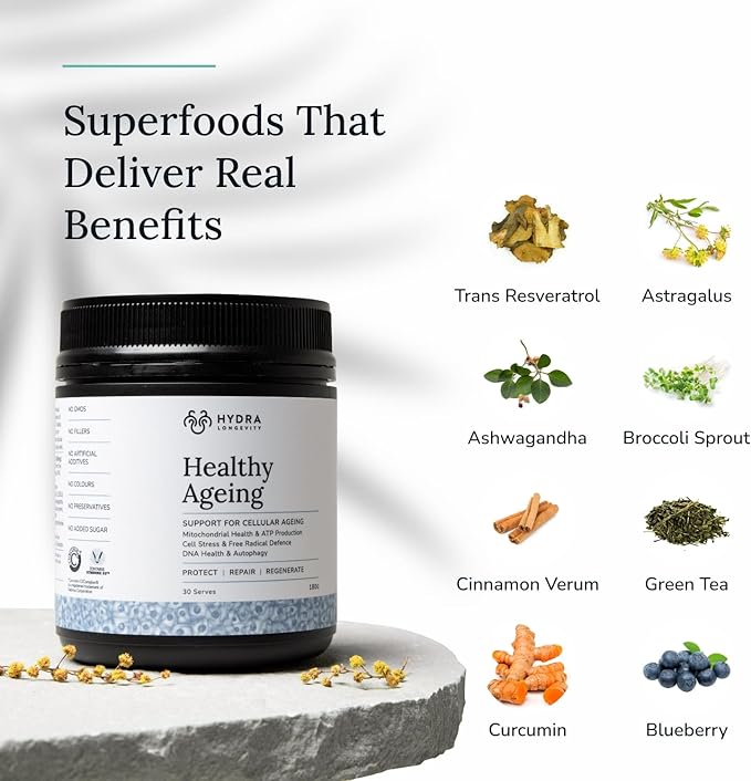 Healthy Ageing Supplement Powder, Anti-Ageing Effects, Contains Quercetin, Resveratrol and Nrf2 Activators, Antioxidants Rich Nutrient-Dense, Non-GMO, Vegan (180 Grams (30 Servings)