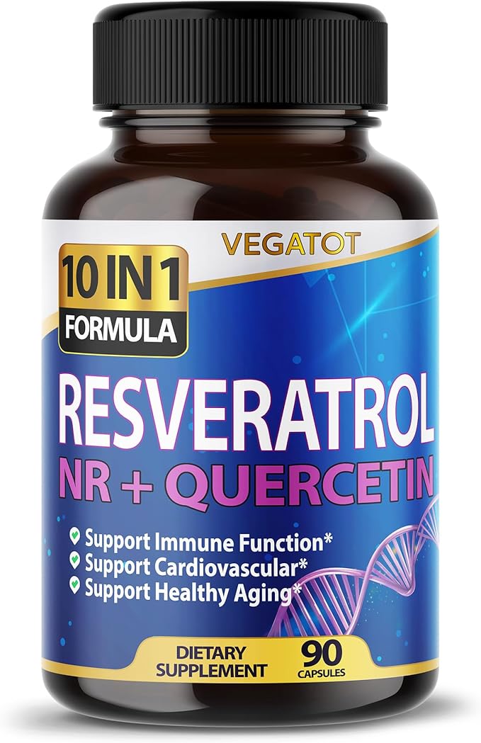 VEGATOT 10 in 1 High Strength Resveratrol 11,500MG with Quercetin Healthy Aging Immune Brain Boost Joint Support (90 Count (Pack of 1))