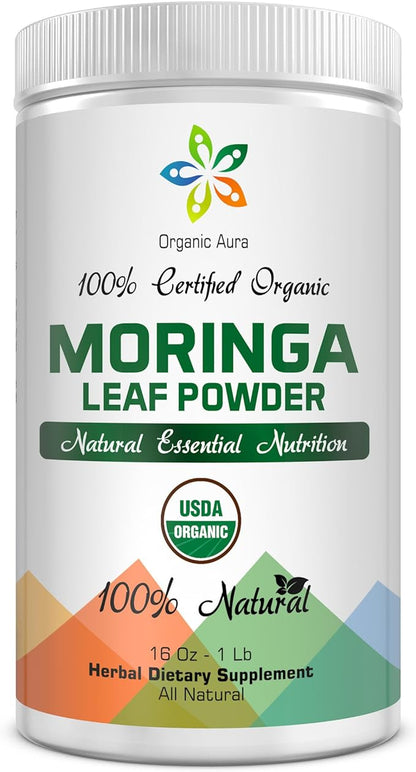 Certified Organic Moringa Leaf Powder-1Lb. USDA Certified Organic. 100% Pure and Original. Naturally boosts Energy, Metabolism & Immunity. Raw Green Whole Superfood. No GMO, Gluten Free