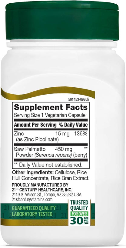 21st Century Saw Palmetto 450mg Veg Capsules, 60 Count