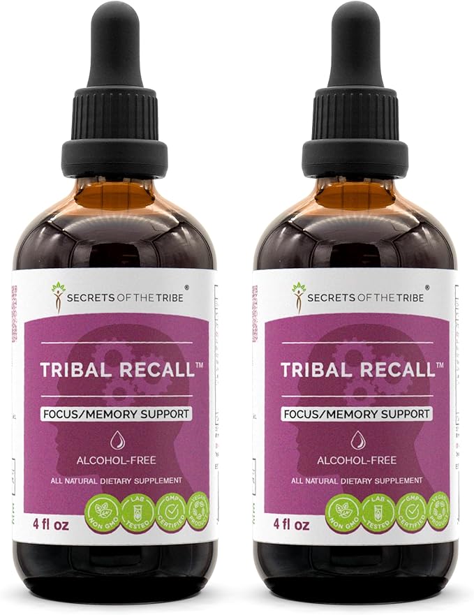 Tribal Recall Alcohol-FREE Extract, High-Potency Herbal Drops, Tincture made from Gotu Kola, Eleuthero Siberian Ginseng, Rosemary, Ashwagandha, Lemon Balm, Ginkgo Biloba. Focus/Memory Support 2x4 oz