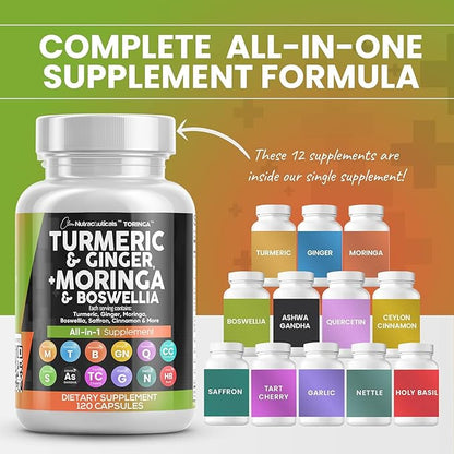 Turmeric Curcumin 30000mg Ginger 3000mg Moringa 50000mg Boswellia 3000mg Saffron 2000mg - Joint Support Supplement for Women and Men with Ceylon Cinnamon, Quercetin, Tart Cherry - 120 Caps