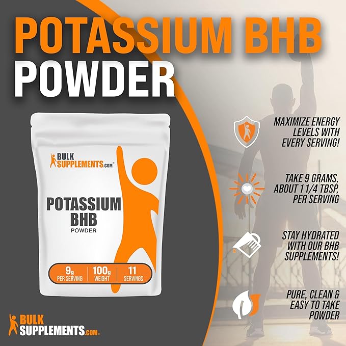 BulkSupplements.com Potassium BHB Powder - Beta-HydroxyButyrate Powder, BHB Salts, BHB Supplement - Electrolytes Supplement, Gluten Free, 9g per Serving, 100g (3.5 oz) (Pack of 1)